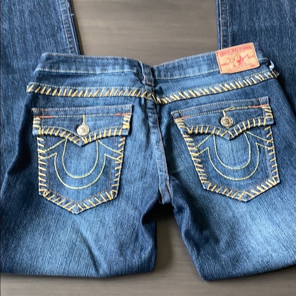 True Religion Indigo Boot Cut Jeans with Yellow Stitching - Picture 2 of 9